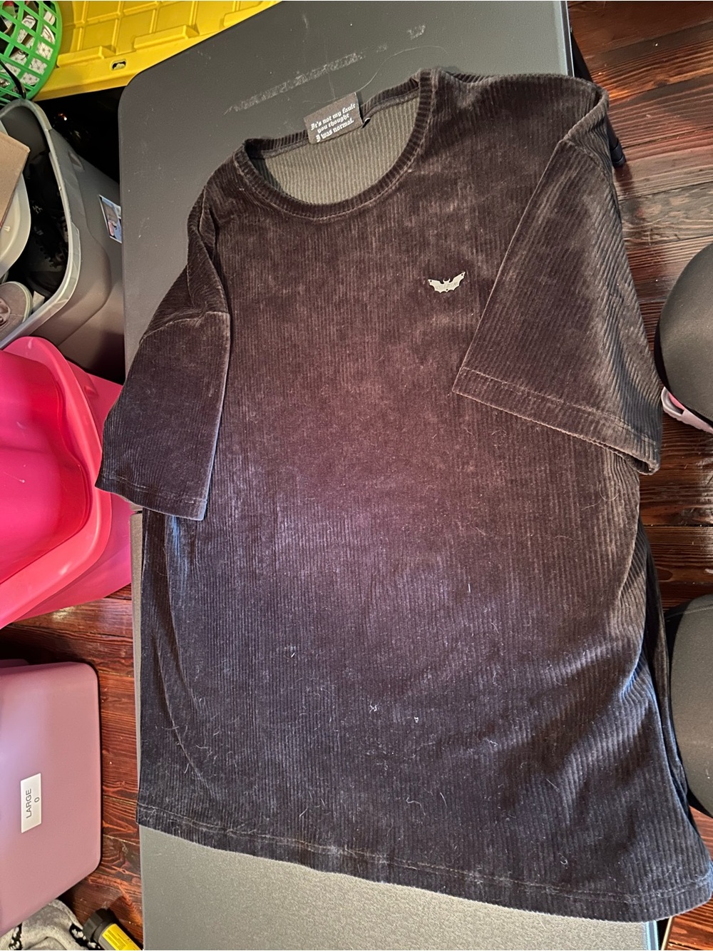 Killstar Black Velvet Corduroy Short Sleeve Tee with Bat Accent